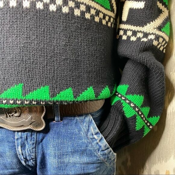 Polo Ralph Lauren Merino Wool Black & Green Multi Geometric Shawl Collar Sweater - Picture 14 of 16